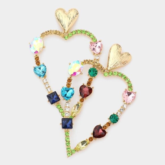 NEW Multi Stone Embellished Open Heart Dangle Earrings Evening - Picture 1 of 6